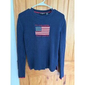 Vintage Polo Ralph Lauren American Flag Sweater Women's Navy Blue Size Large
